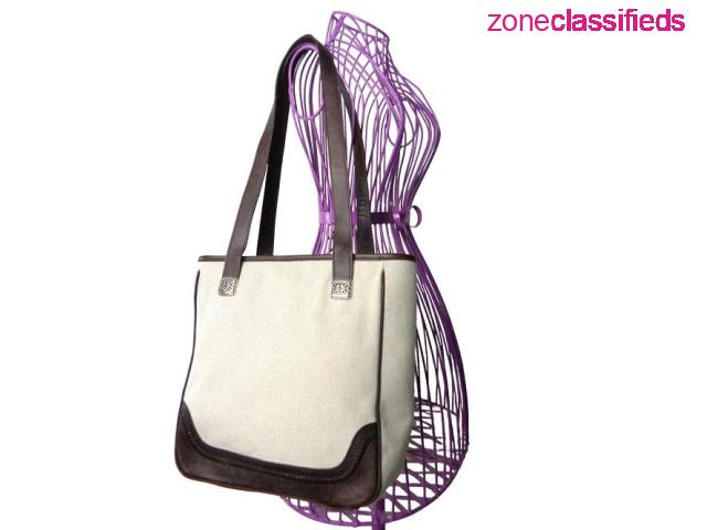 Elevate Your Style with the Fossil Ivory Linen Brown Leather Tote Shoulder Bag with Pewter Accents - 1/1